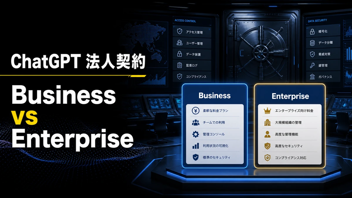 ChatGPT法人契約のBusinessとEnterpriseを料金・管理・安全性で比較するアイキャッチ